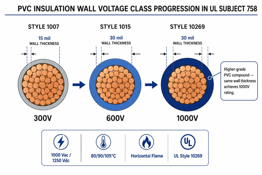 UL 10269 1000V vs 1015 600V vs 1007 300V PVC insulation wall progression diagram