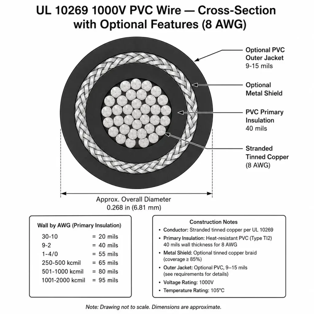 UL 10269 cross-section showing optional shield and outer jacket construction