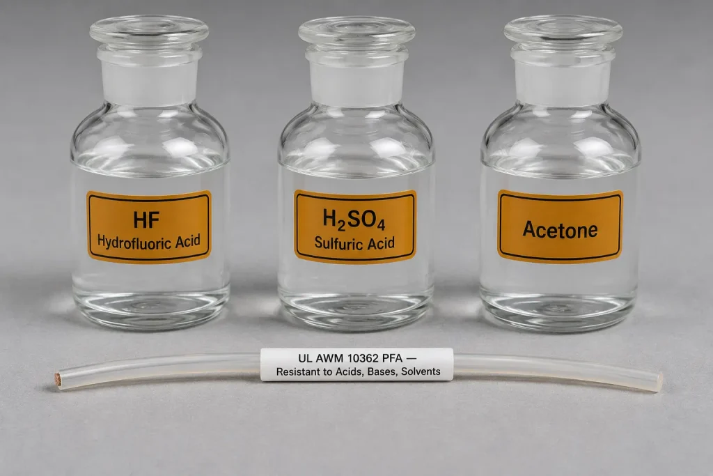 UL 10362 PFA wire chemical resistance demonstration with HF sulfuric acid and acetone laboratory bottles