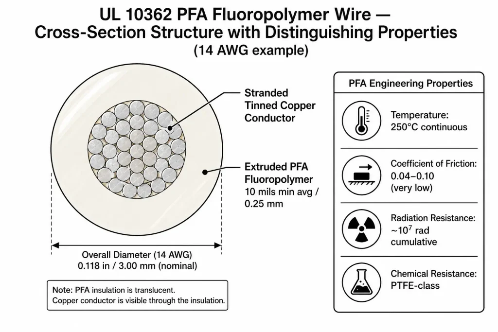 UL 10362 cross-section diagram showing PFA insulation with friction radiation chemical resistance properties