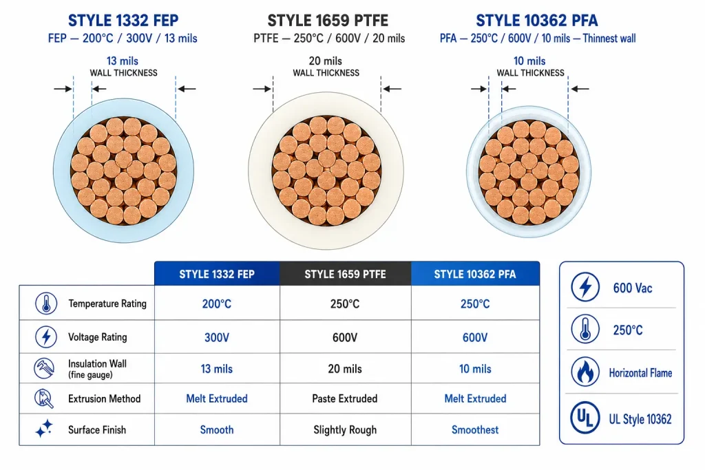 UL 10362 PFA vs PTFE 1659 vs FEP 1332 fluoropolymer cross-section insulation comparison