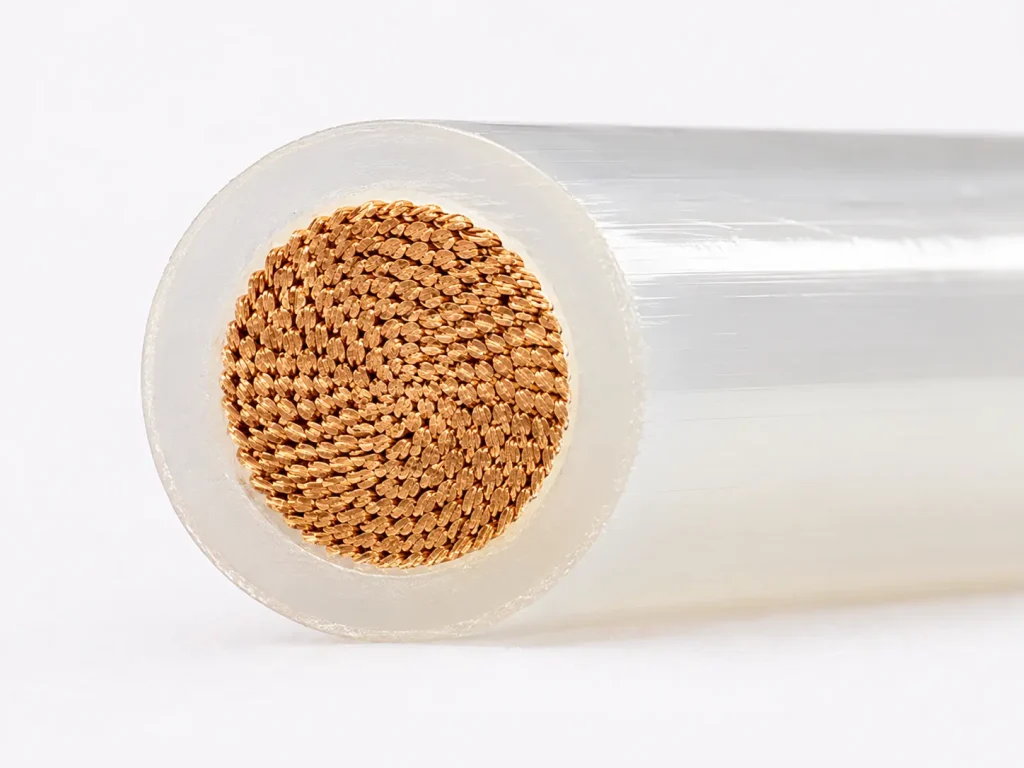UL AWM Style 10362 PFA wire cut-end close-up showing stranded copper conductor and translucent extruded PFA insulation wall per UL Subject 758