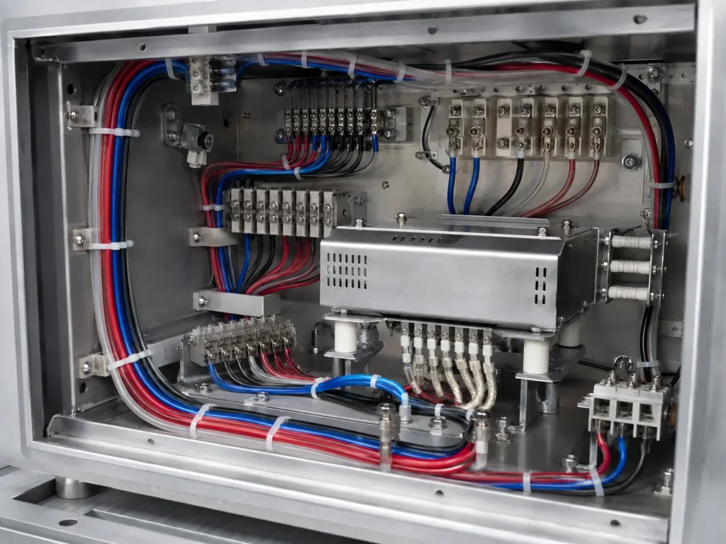 UL AWM Style 10362 PFA fluoropolymer wire routed inside protected high-temperature industrial equipment enclosure for internal wiring application per UL Subject 758