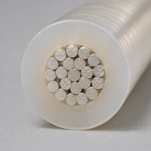 UL 10362 real macro cross-section showing PFA fluoropolymer optical translucency and tinned copper strands