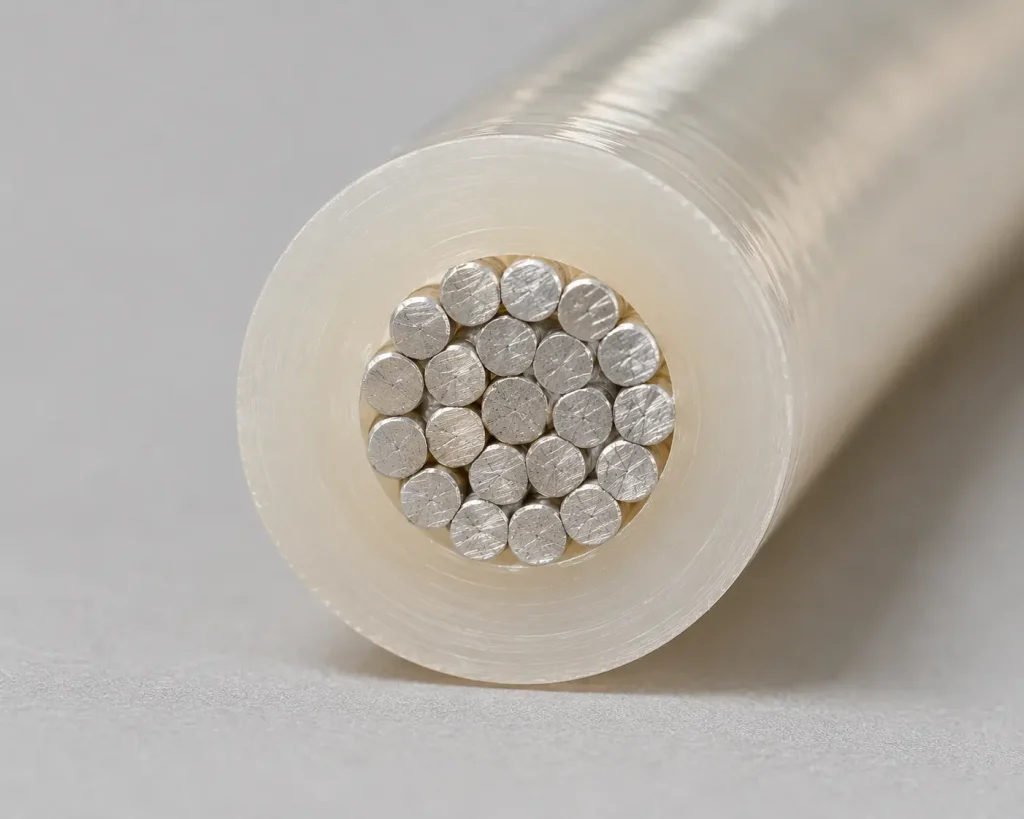 UL 10362 real macro cross-section showing PFA fluoropolymer translucency and tinned copper