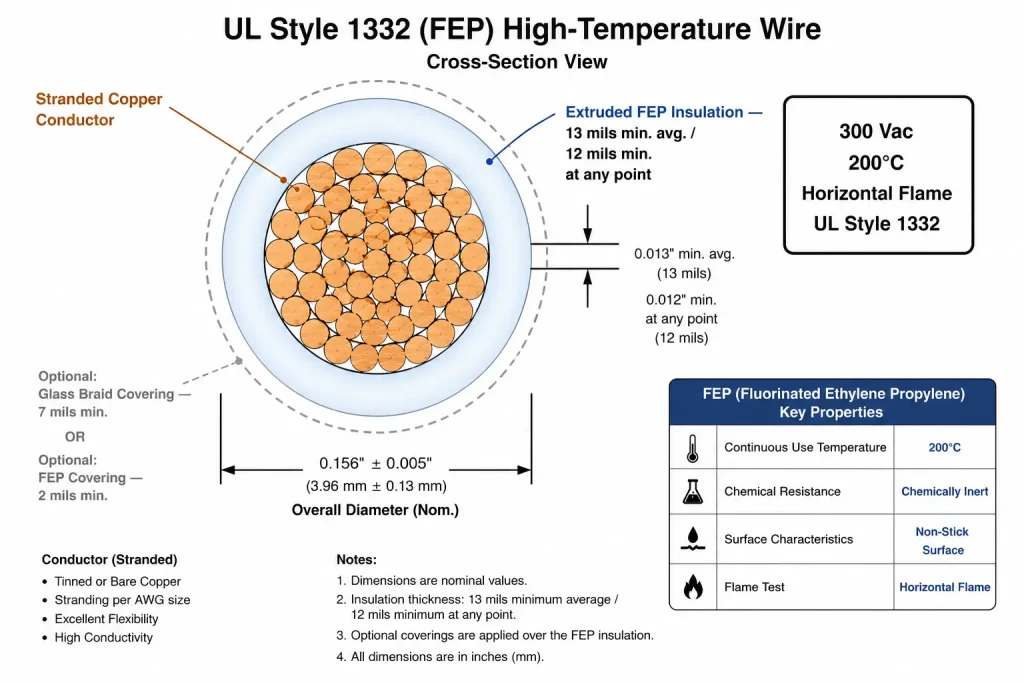 UL Style 1332 FEP insulation cross-section diagram 13 mils 200°C 300V