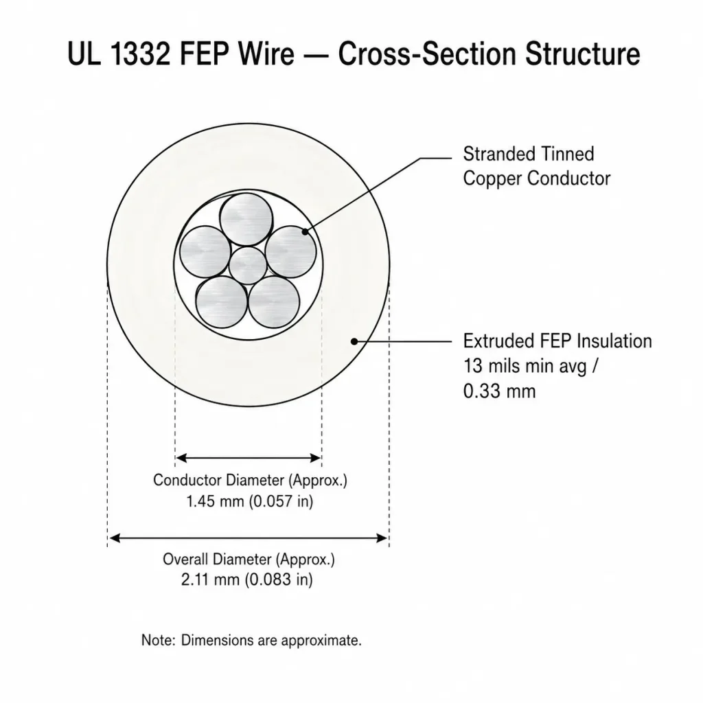 UL 1332 FEP wire cross-section structure showing stranded tinned copper conductor and FEP insulation 13 mils