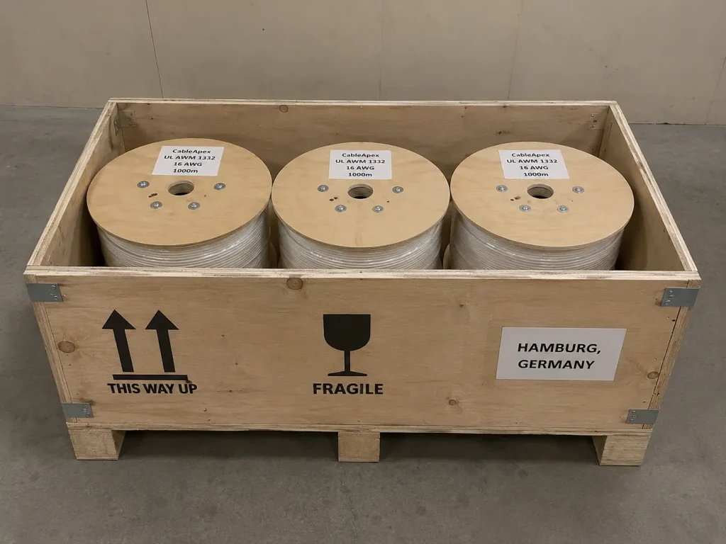 UL 1332 FEP wire spools in export wooden crate destined for Hamburg Germany shipping