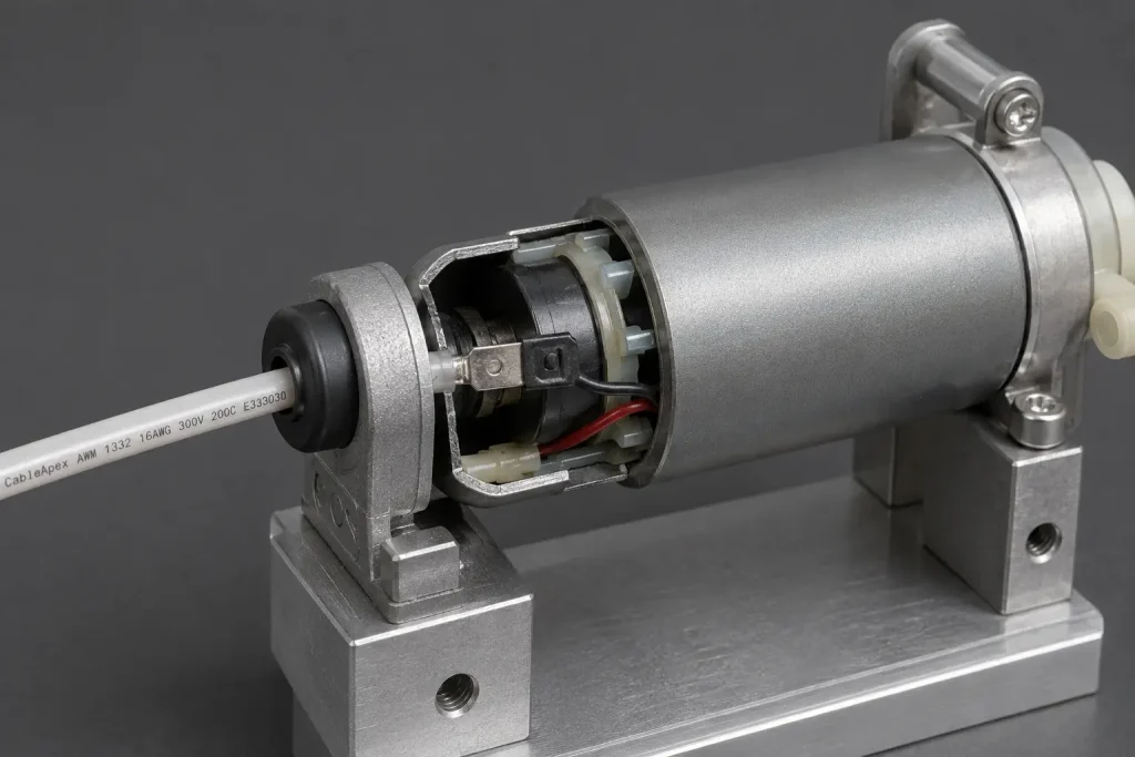UL 1332 FEP wire in fuel pump assembly with sealed grommet routing for fuel system