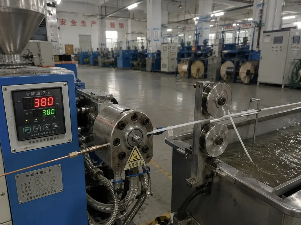 UL 1332 FEP melt extrusion production line at CableApex factory with 380°C die head