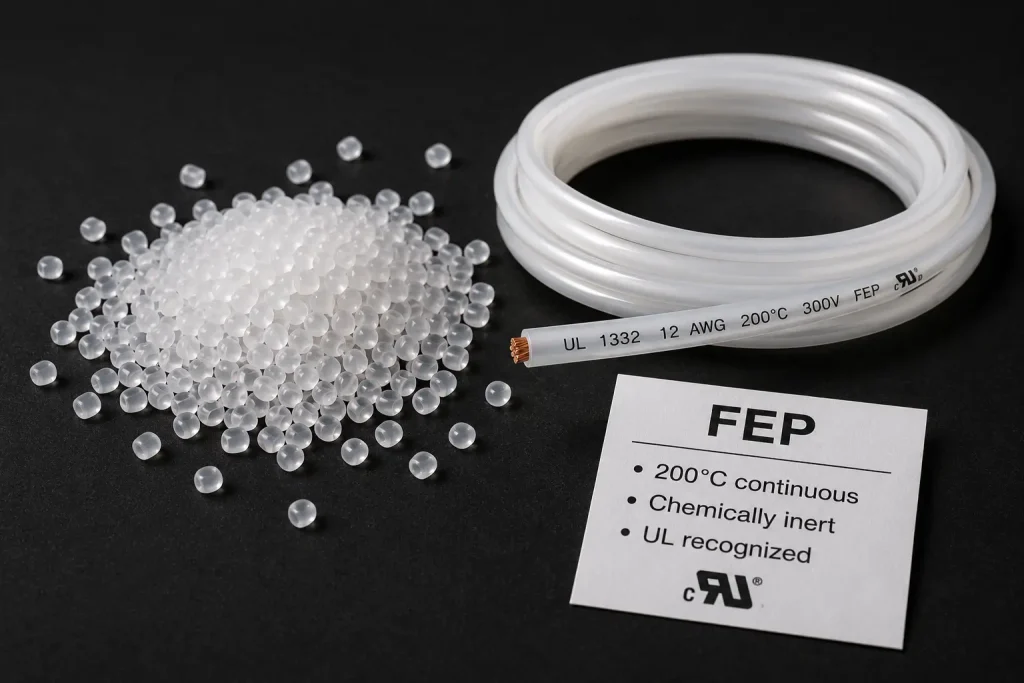 FEP fluoropolymer resin pellets and UL 1332 wire sample material property display