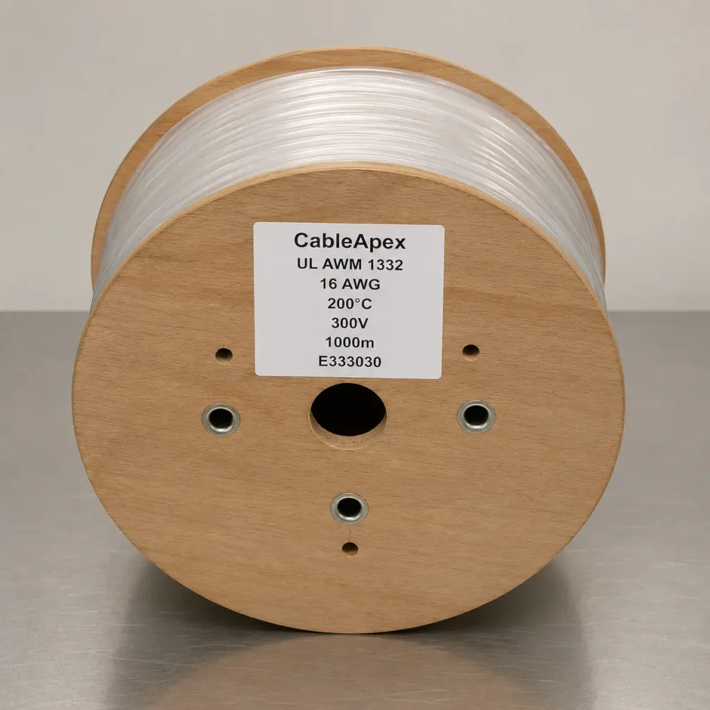 UL 1332 FEP wire spool with technical specification label 16 AWG 200°C 300V