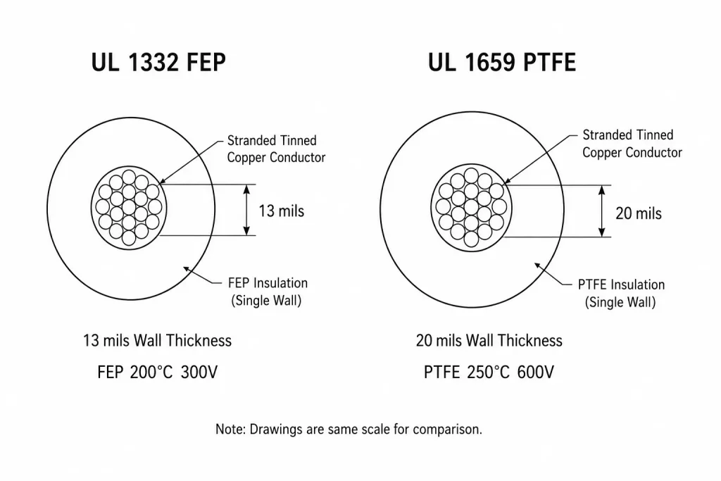 UL 1332 FEP vs UL 1659 PTFE cross-section comparison technical drawing