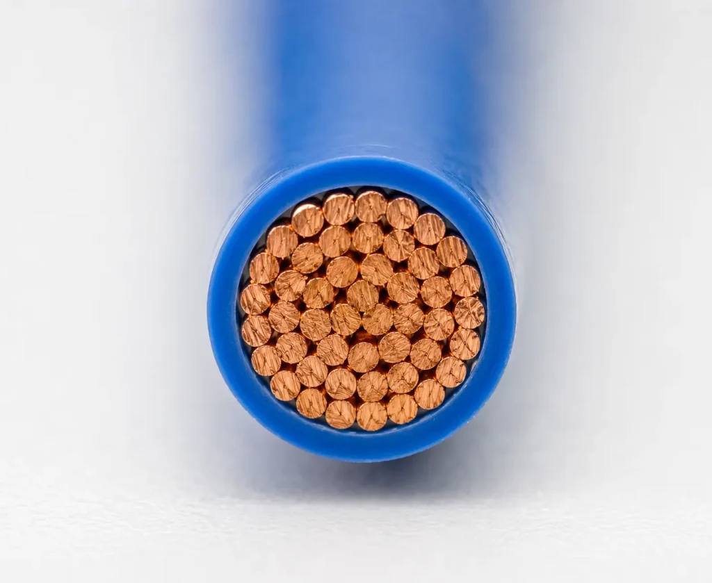 Macro cross-section UL 1569 105°C blue PVC 15 mil thin wall stranded copper