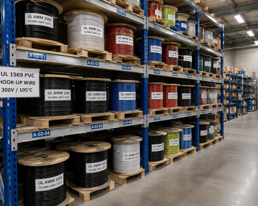 UL 1569 PVC wire inventory in German Elektrogroßhandel wholesale warehouse shelving