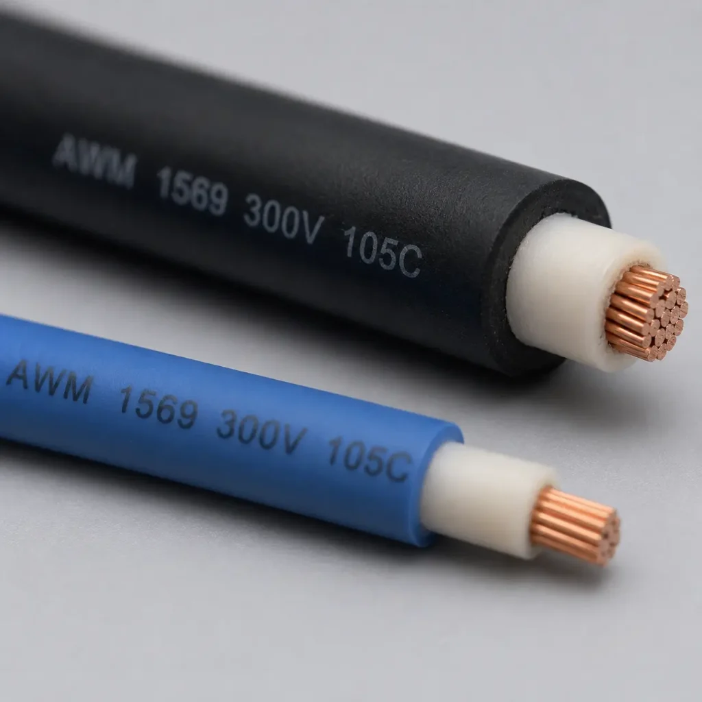 UL 1569 PVC wire cross-section structure showing stranded copper conductor extruded PVC insulation and optional PVC covering for 105C 300V static installation