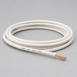 UL 1569 PVC wire coiled product photo with white extruded PVC insulation and printed 300V 105C marking for appliance and electronic equipment wiring