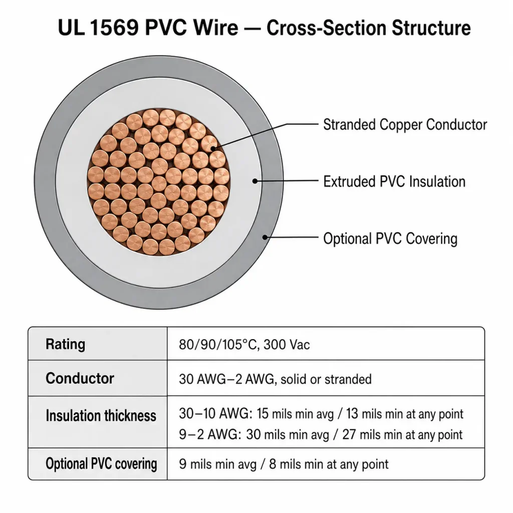 Close-up cross-section photo of UL 1569 PVC wire showing copper conductor inner PVC insulation and optional outer PVC covering from inside to outside