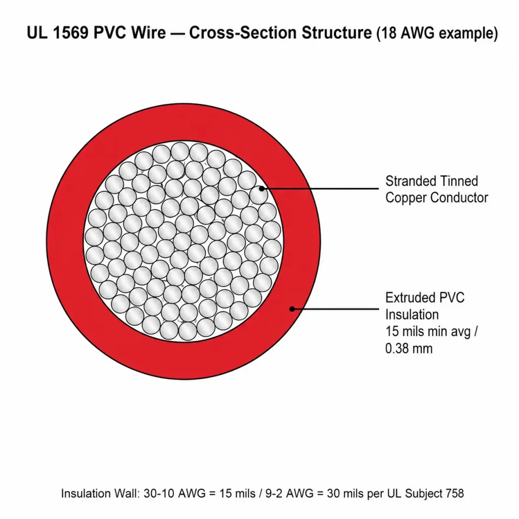 UL 1569 PVC wire cross-section structure diagram showing stranded copper and red PVC insulation