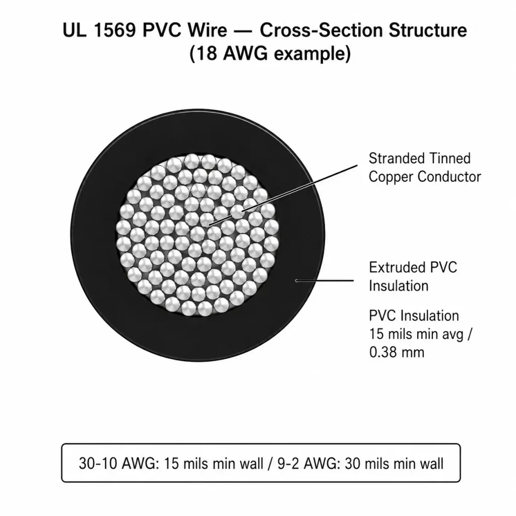 UL 1569 PVC wire cross-section structure diagram showing stranded copper and PVC insulation