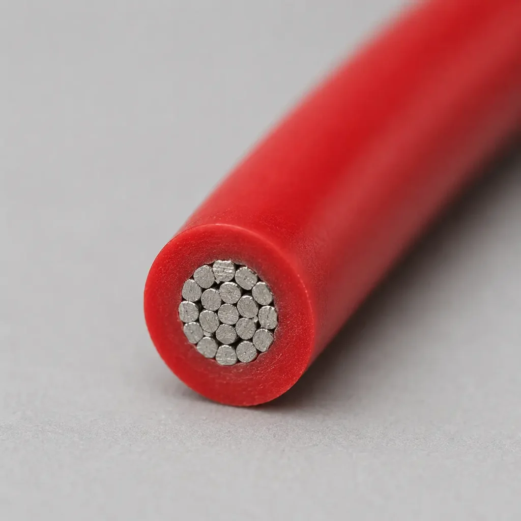 UL 1569 PVC wire real macro cross-section showing red PVC insulation and tinned copper conductor