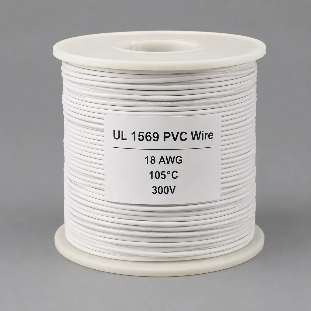UL 1569 PVC wire on supply spool labeled 18 AWG 105C 300V for appliance and electronic equipment internal wiring