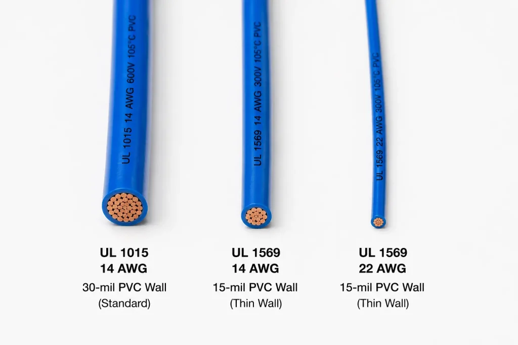 UL 1569 thin wall vs UL 1015 standard wall PVC wire diameter comparison samples