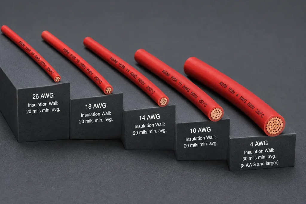 UL 1659 PTFE 250°C wire AWG range comparison 26AWG to 4AWG red insulation samples