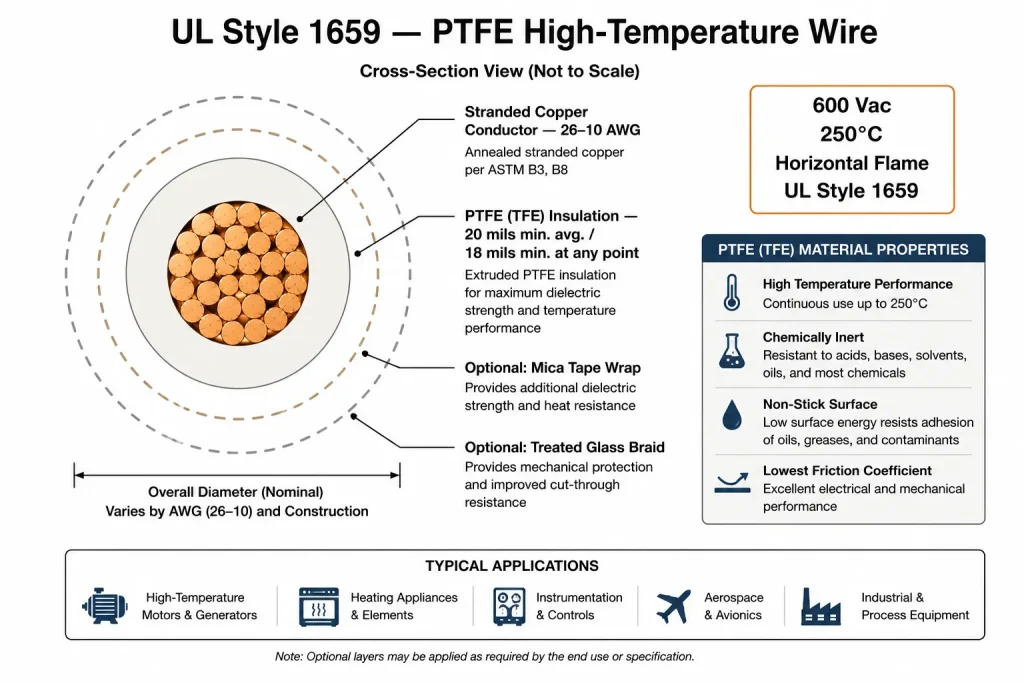 UL Style 1659 PTFE cross-section diagram 20 mil insulation 250°C 600V mica option