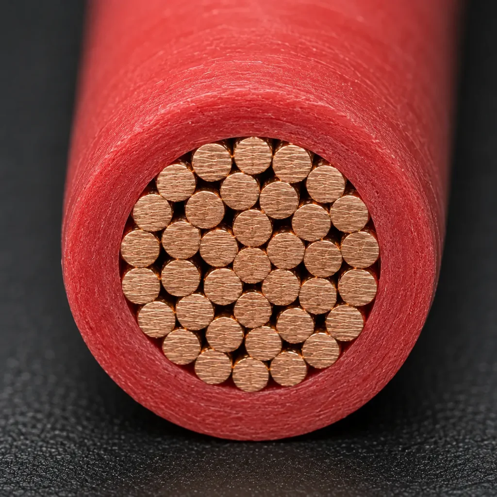 Macro cross-section UL 1659 red PTFE 250°C wire paste-extruded insulation texture