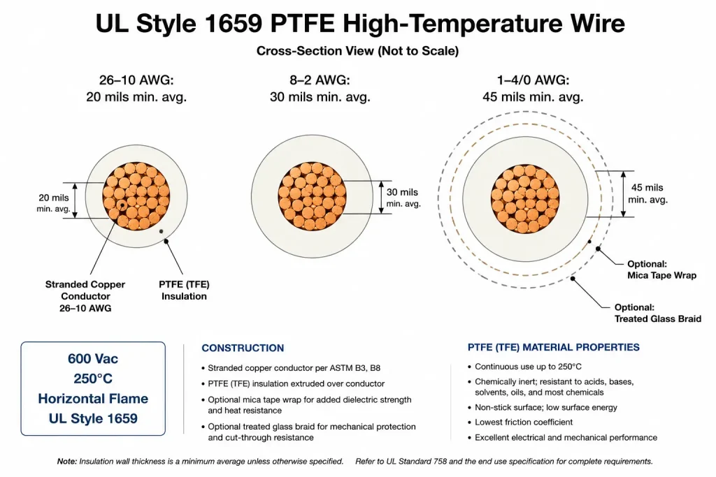 UL Style 1659 PTFE insulation wall thickness diagram 20mil 30mil 45mil AWG range