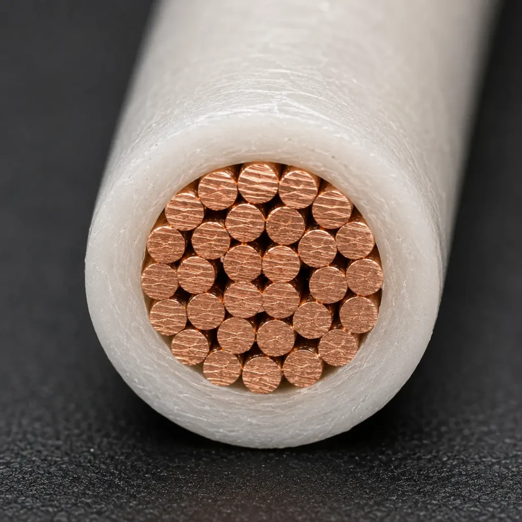 Macro cross-section UL 1659 PTFE 250°C wire characteristic waxy insulation texture