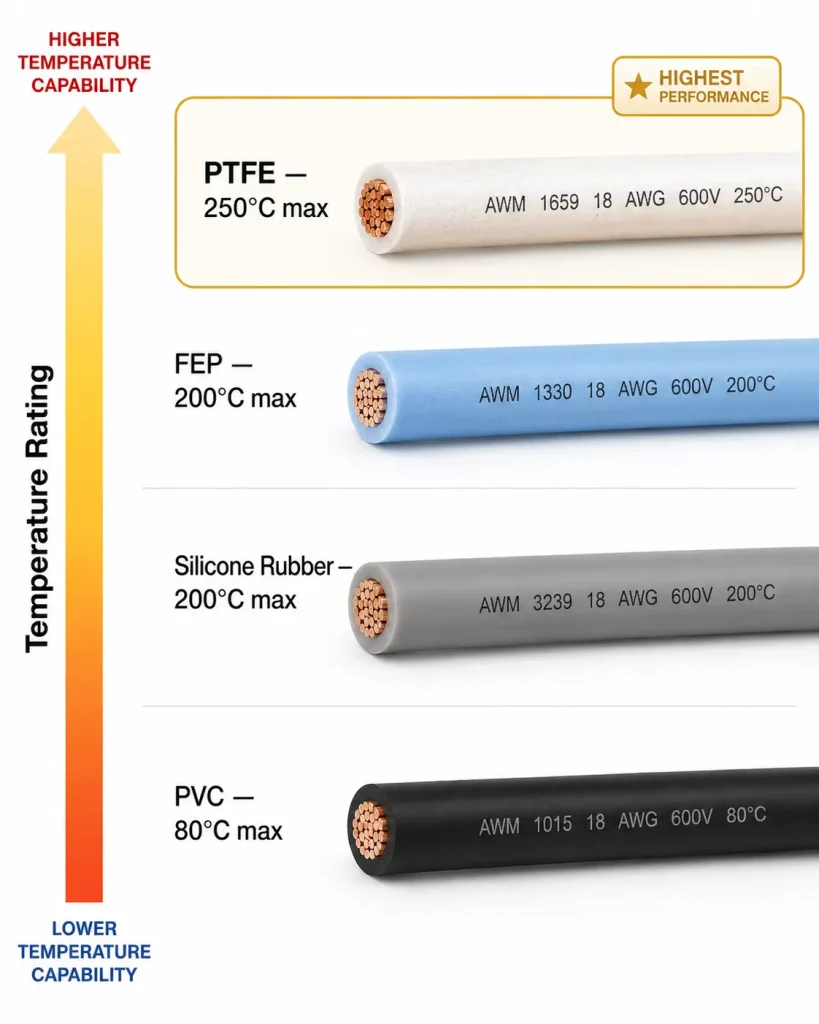 PTFE vs FEP vs silicone rubber vs PVC wire temperature rating comparison chart
