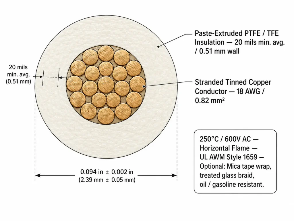 UL 1659 PTFE wire technical cross-section diagram paste-extruded TFE insulation 20 mils wall and stranded copper conductor