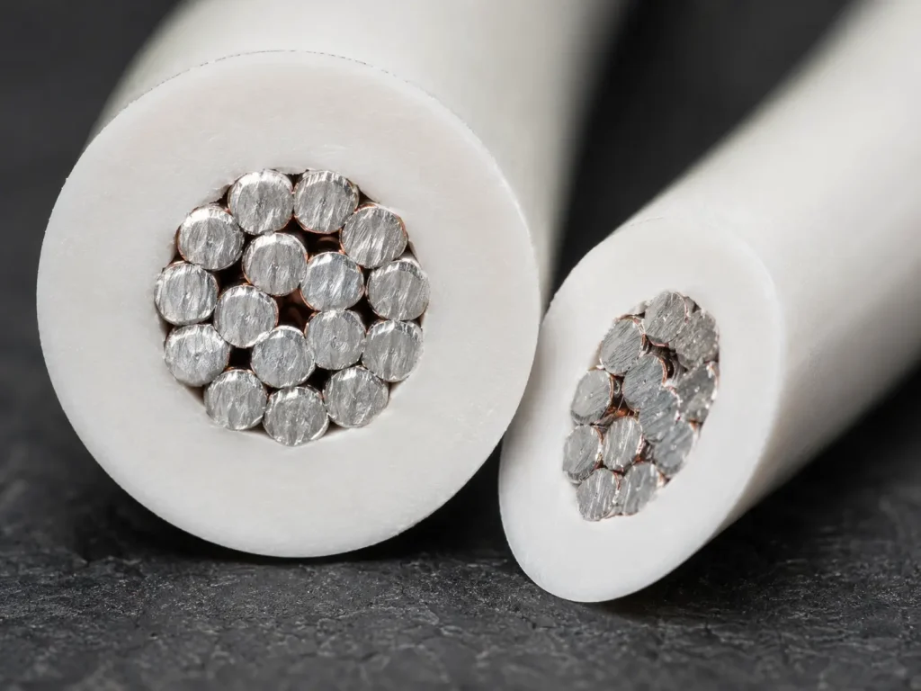UL 1659 PTFE wire freshly cut cross-section macro showing stranded copper and void-free PTFE insulation ring