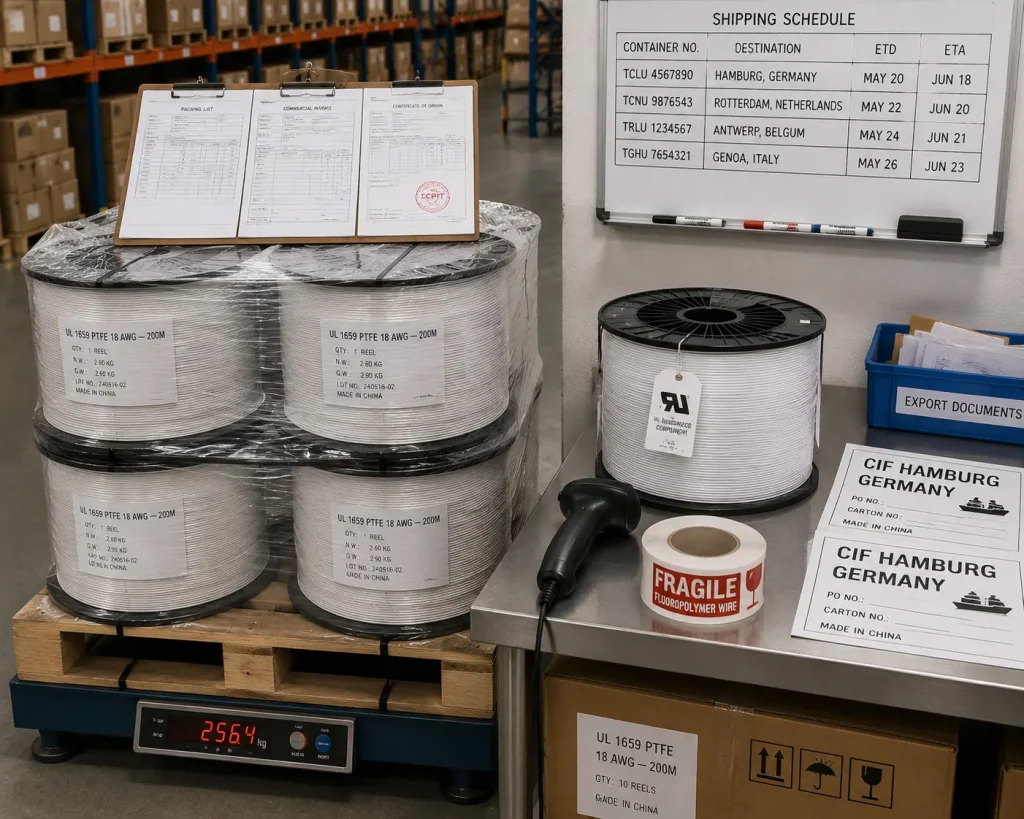 UL 1659 PTFE wire export packing inspection with reels palletised and shipping documentation for CIF Hamburg