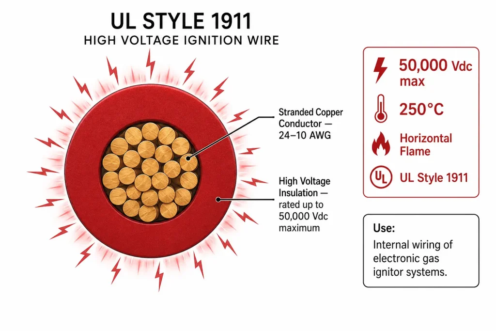 UL Style 1911 high voltage cross-section diagram 50000Vdc 250°C gas ignition wire