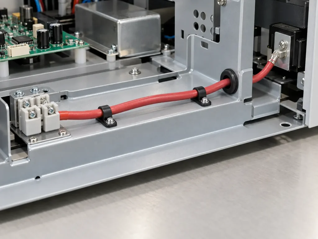 UL 3071 silicone wire as an internal appliance lead routed to a terminal block inside an enclosed chassis