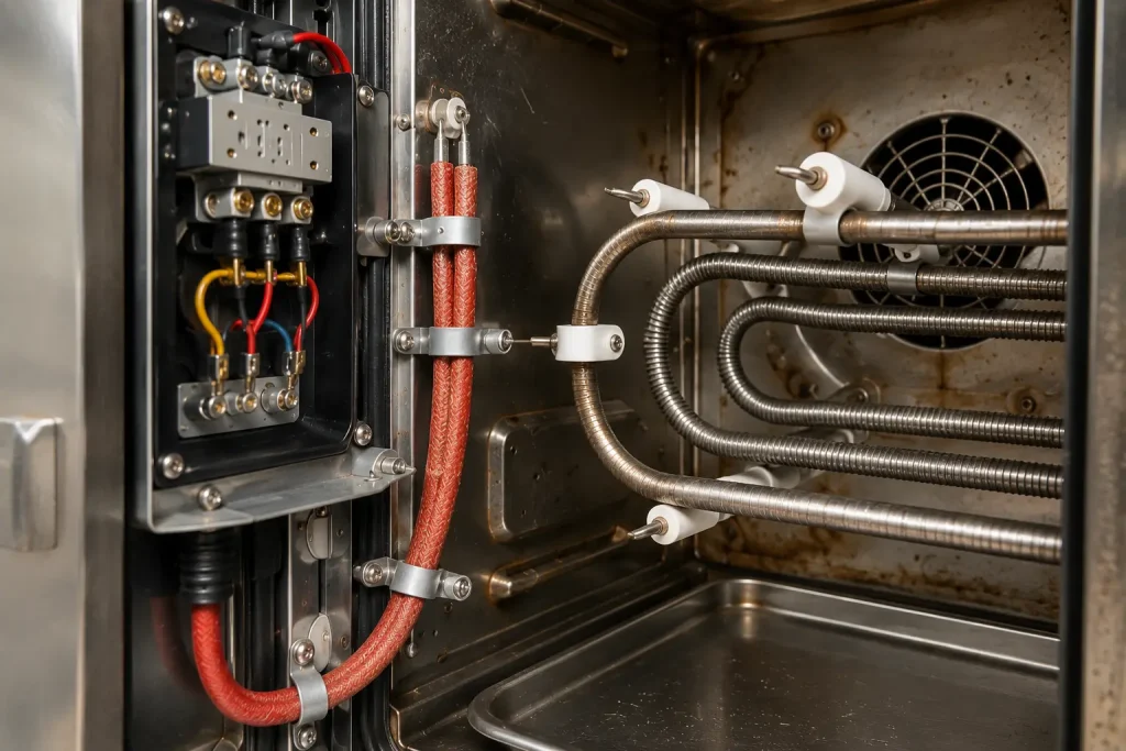 UL 3071 silicone rubber wire installation connecting control panel to commercial oven heating element