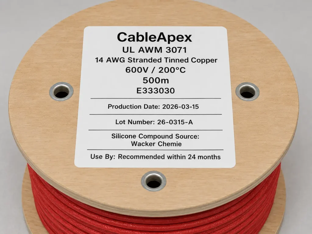 UL 3071 silicone rubber wire spool with production date marking for wholesale inventory aging management