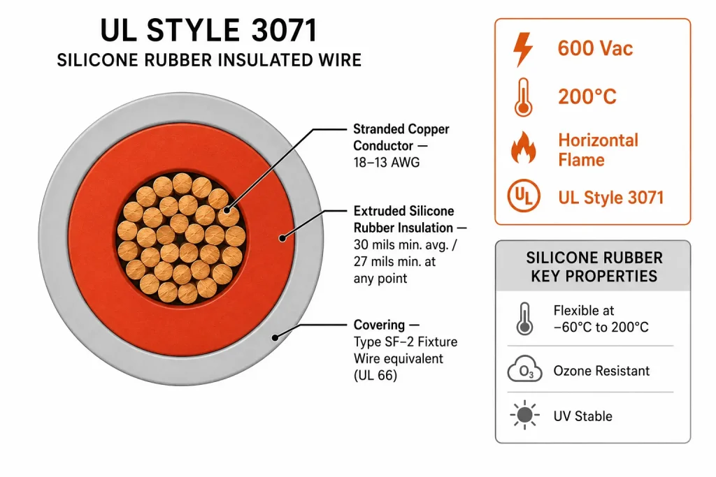 UL Style 3071 silicone rubber cross-section diagram 30 mil SR insulation 600V 200°C