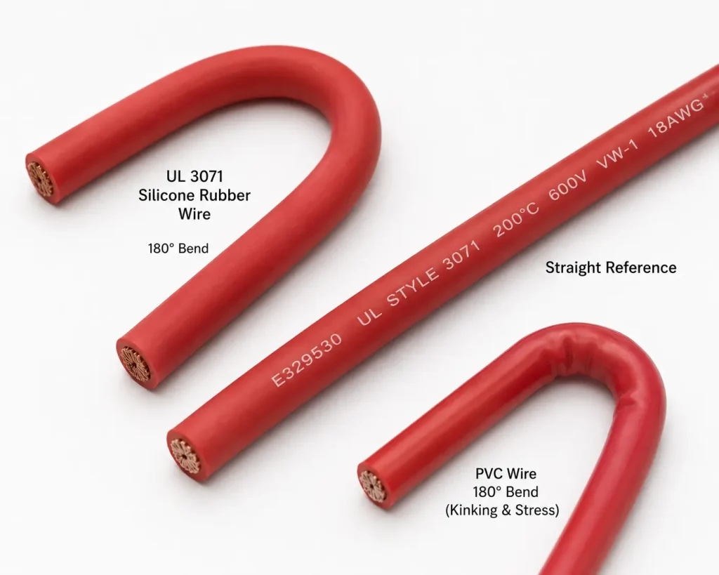 UL 3071 silicone rubber wire flexibility 180-degree bend demonstration vs PVC