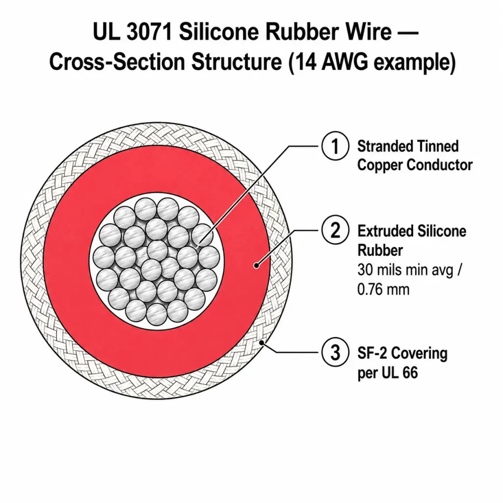 UL 3071 silicone rubber wire cross-section structure showing copper conductor silicone insulation and SF-2 covering