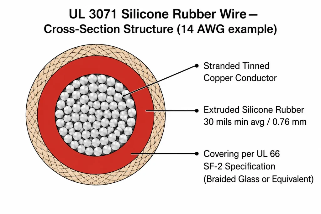 UL 3071 silicone rubber wire cross-section structure showing copper conductor silicone insulation and SF-2 covering