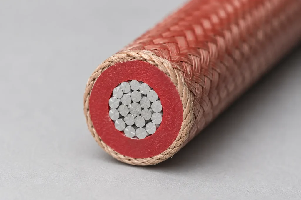 UL 3071 silicone rubber wire real macro cross-section showing silicone insulation fiberglass braid and tinned copper