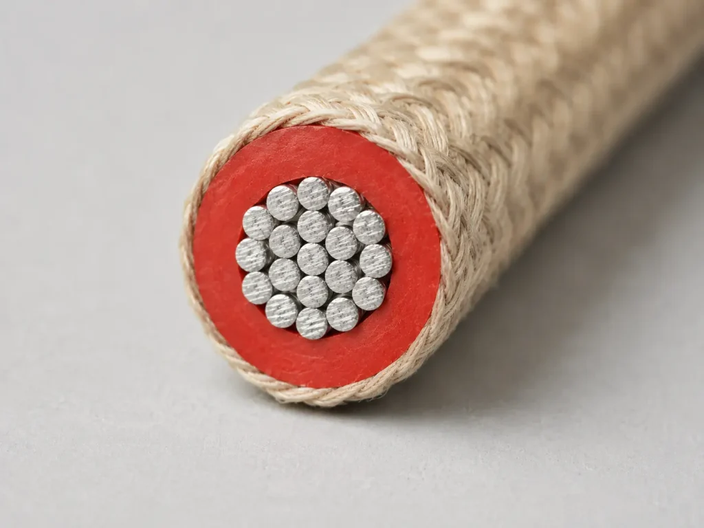 UL 3071 silicone rubber wire real macro cross-section showing red silicone insulation and tinned copper