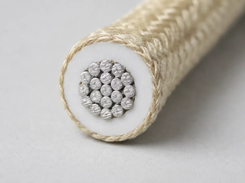 UL 3071 silicone rubber wire real macro cross-section showing white silicone insulation and tinned copper