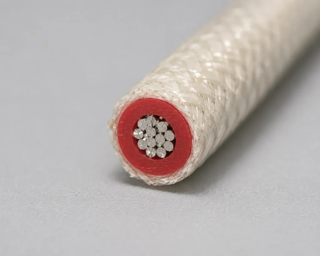 UL 3122 real macro cross-section showing fine-gauge silicone insulation and tinned copper