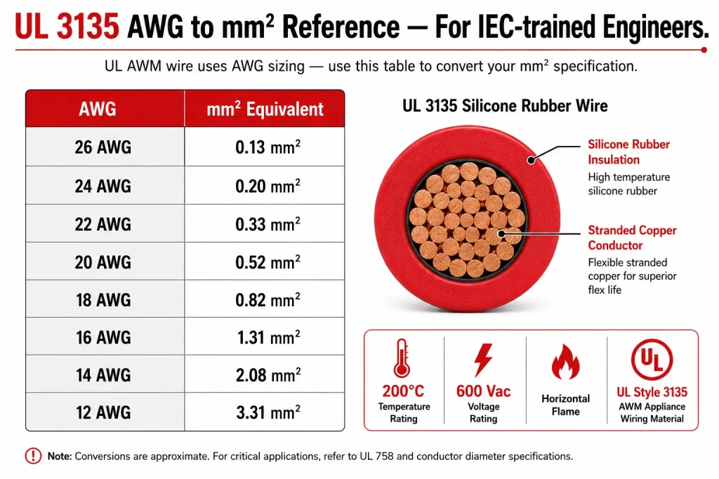 UL 3135 AWG to mm² conversion reference table for Indian engineers IEC to UL sizing