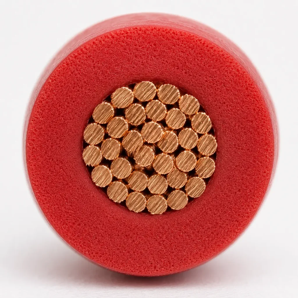 Macro cross-section UL 3135 red silicone rubber 30 mil matte texture copper conductor